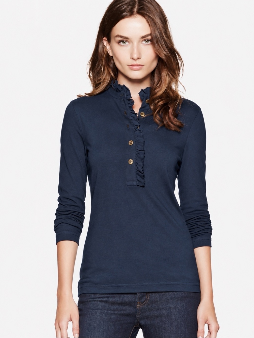 Tory Burch Lidia Long Sleeve Ruffle Polo Shirt Top Navy Size Medium